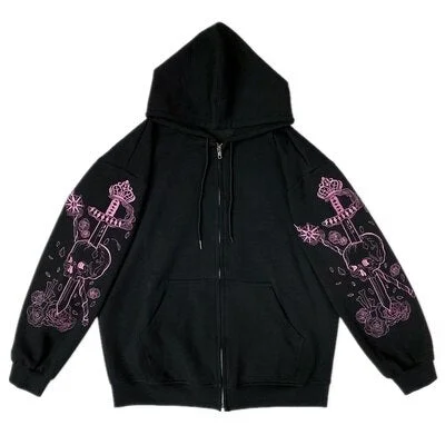 Women Hip Hop Streetwear Hooded Jacket Angel Dark Print Jacket Coat Harajuku Cotton Autumn Punk Winter Jacket Outwear Zipp