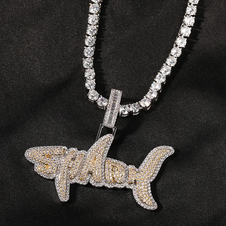 Two Tone Iced Out Shark Pendant Necklace Hip Hop Jewelry-VESSFUL