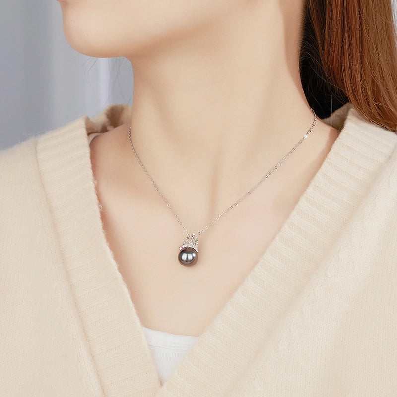 925 Sterling Silver Long-Lasting Plated Shell Pearls Zircon Cable Chain Polishing Plating Inlay Geometric Castle Pendant Necklace