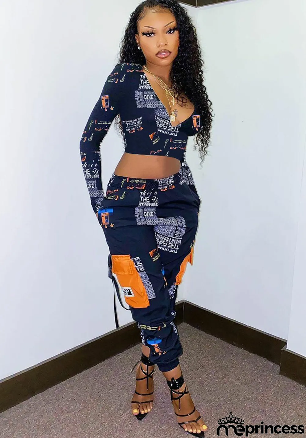 Womens Sexy Letter Print Long Sleeve Top and Pant Two Piece Set