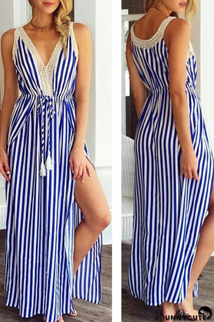 Casual Striped Patchwork V Neck Waist Skirt Dresses