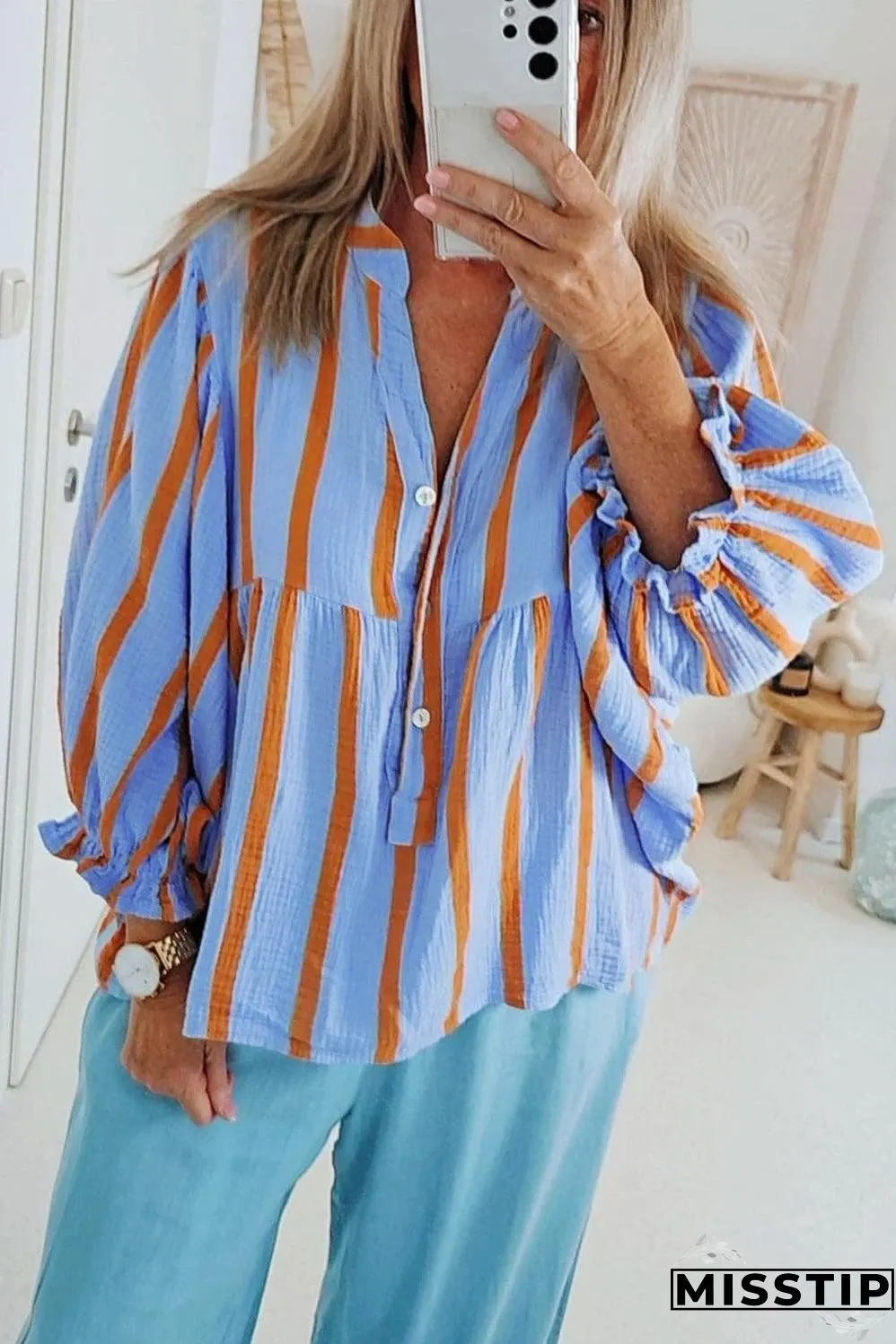 Sky Blue Stripe Crinckled Ruffled Sleeve Button up Loose Shirt