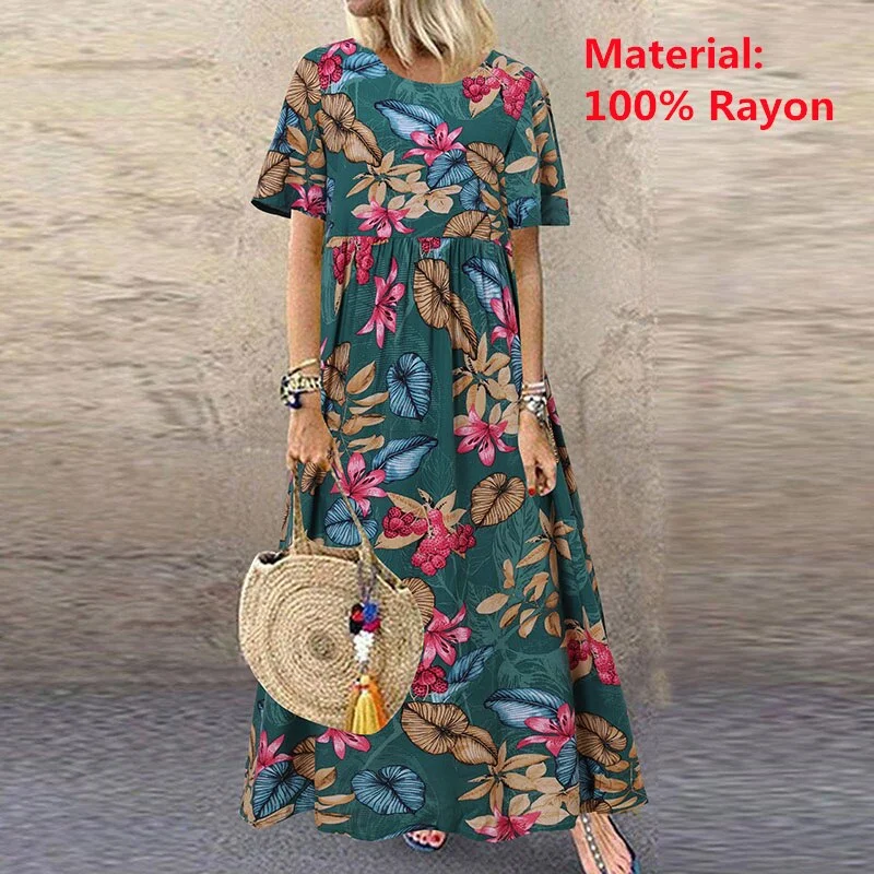 2022 ZANZEA Bohemian Holiday Sundress Summer Women Vintage Floral Printed Short Sleeve Beach Dress Loose Long Vestido Robe Femme