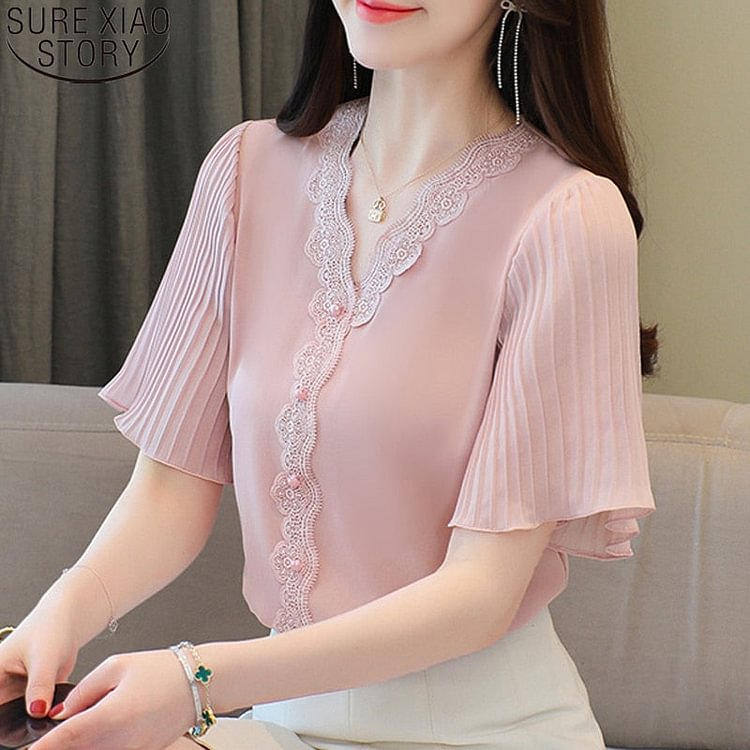 Chiffon Shirt with Lace Tops S-3XL Elegant Summer Blouses Women Flare Sleeve 2022 New V-neck White Casual 3XL Casual 14176