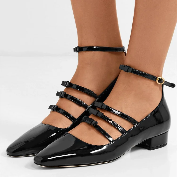 Black Patent Leather Tri-straps Ankle Strap Block Heel Mary Jane Pumps |FSJ Shoes