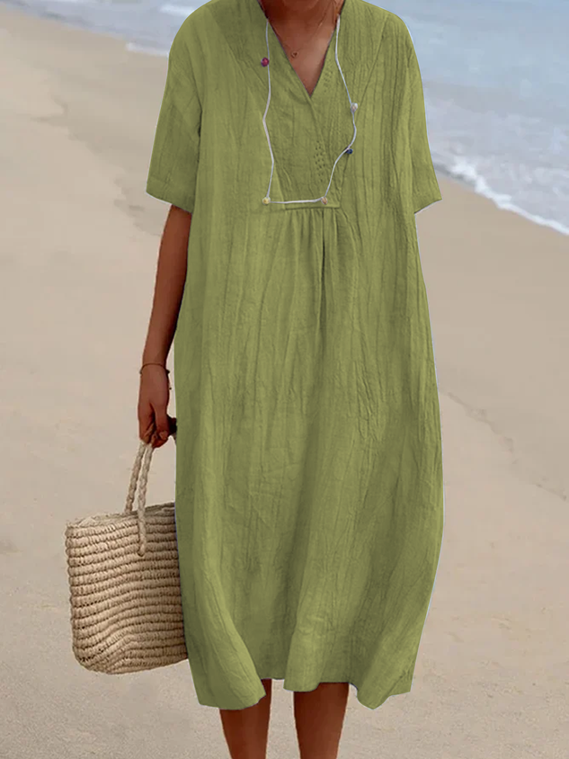 Women Summer Vacation V Neck Loose Plain Cotton And Linen Short sleeve Dress socialshop