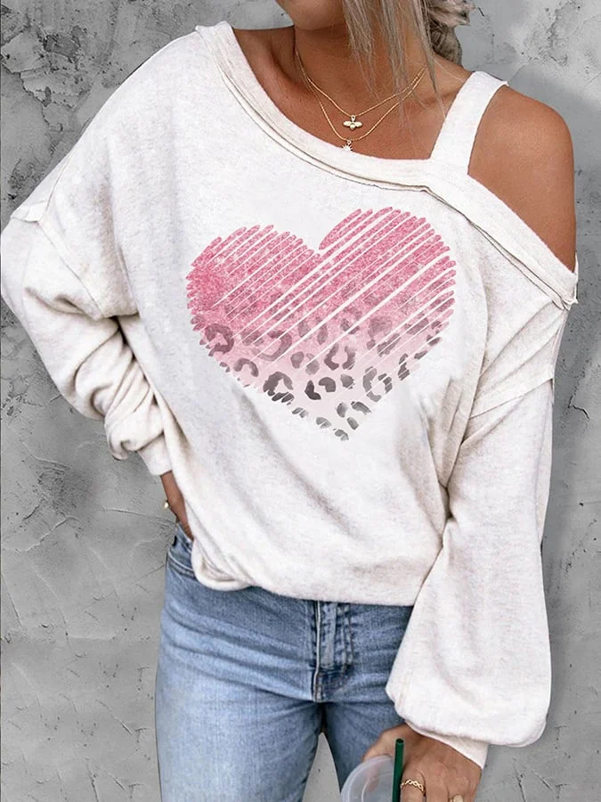Women's Love Pink Leopard Cold Shoulde Casual Sweatshirt