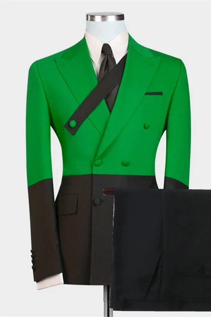 Morden Peaked Lapel Best Evening Suits Green And Black With Double Breasted Gentle
