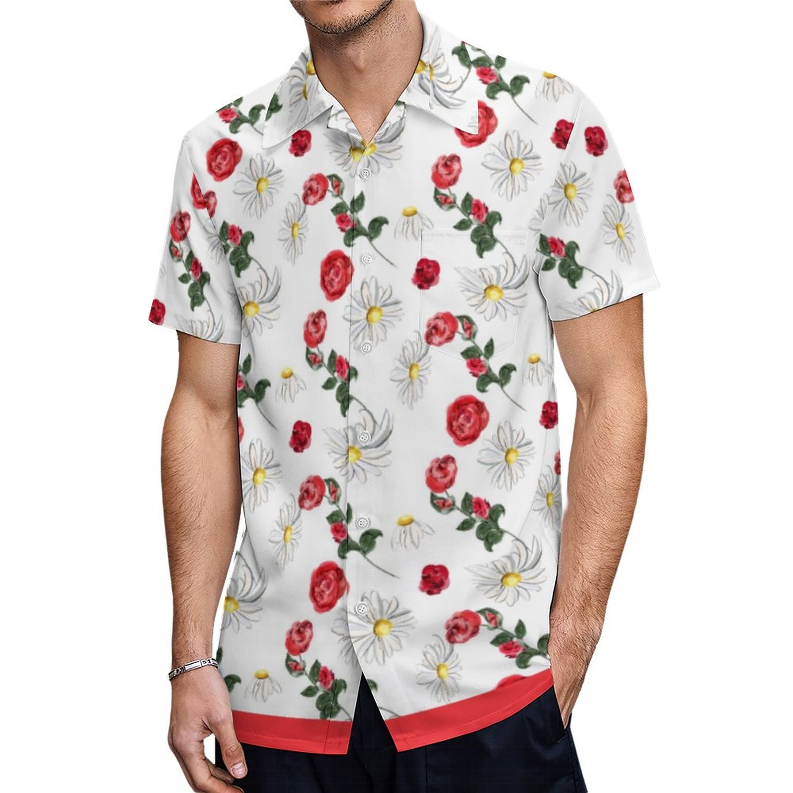 Summer Floral Red Rose White Chamomile Daisies Hawaiian Shirt Mens Button Down Tropical Hawaii Beach Shirts