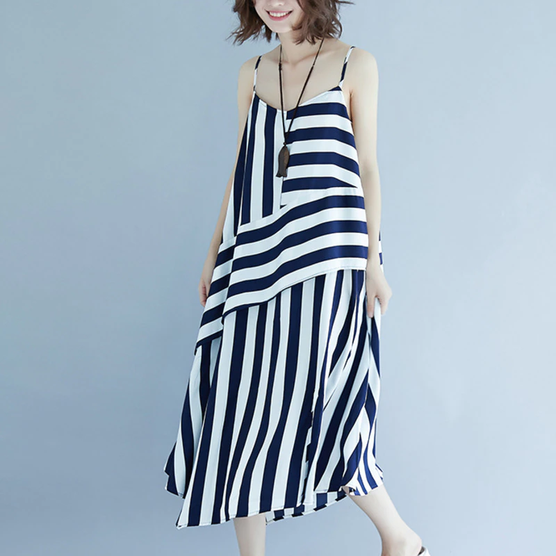 Summer Spaghetti Striped Sleeveless Irregular Chiffon Casual Dress