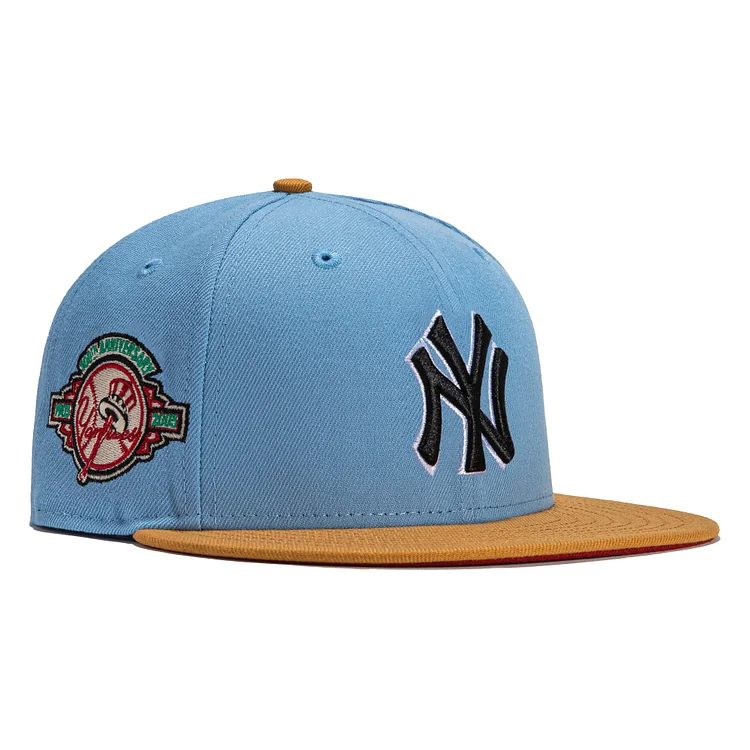 Exclusive New Era 59Fifty Parks Smoldering Island New York Yankees 100th Anniversary Patch Hat - Light Blue, Tan QueenFunky