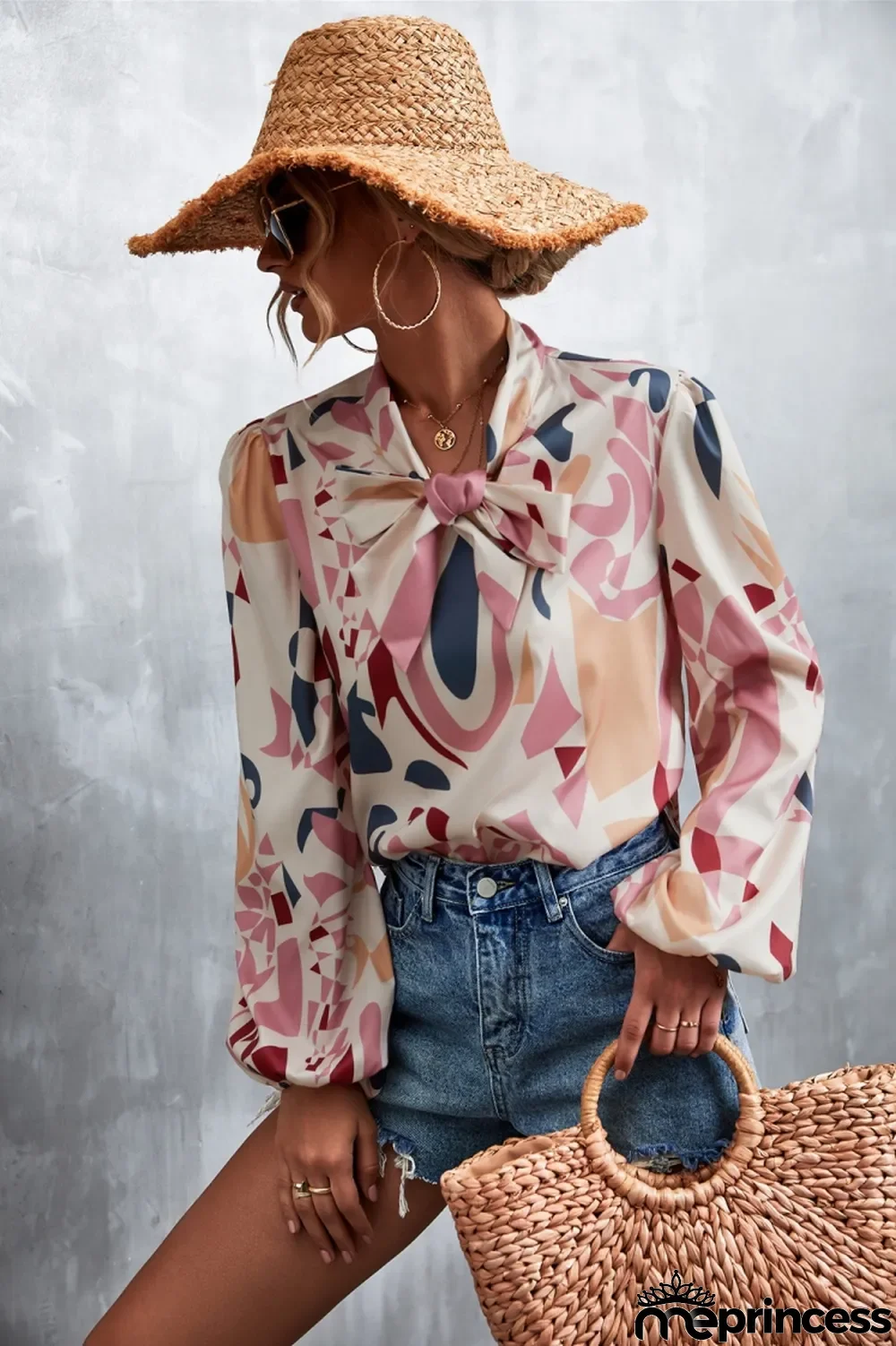 Women Spring Pink Modest V-neck Lantern Sleeve Geometric Print Chiffon Bow Regular Blouse