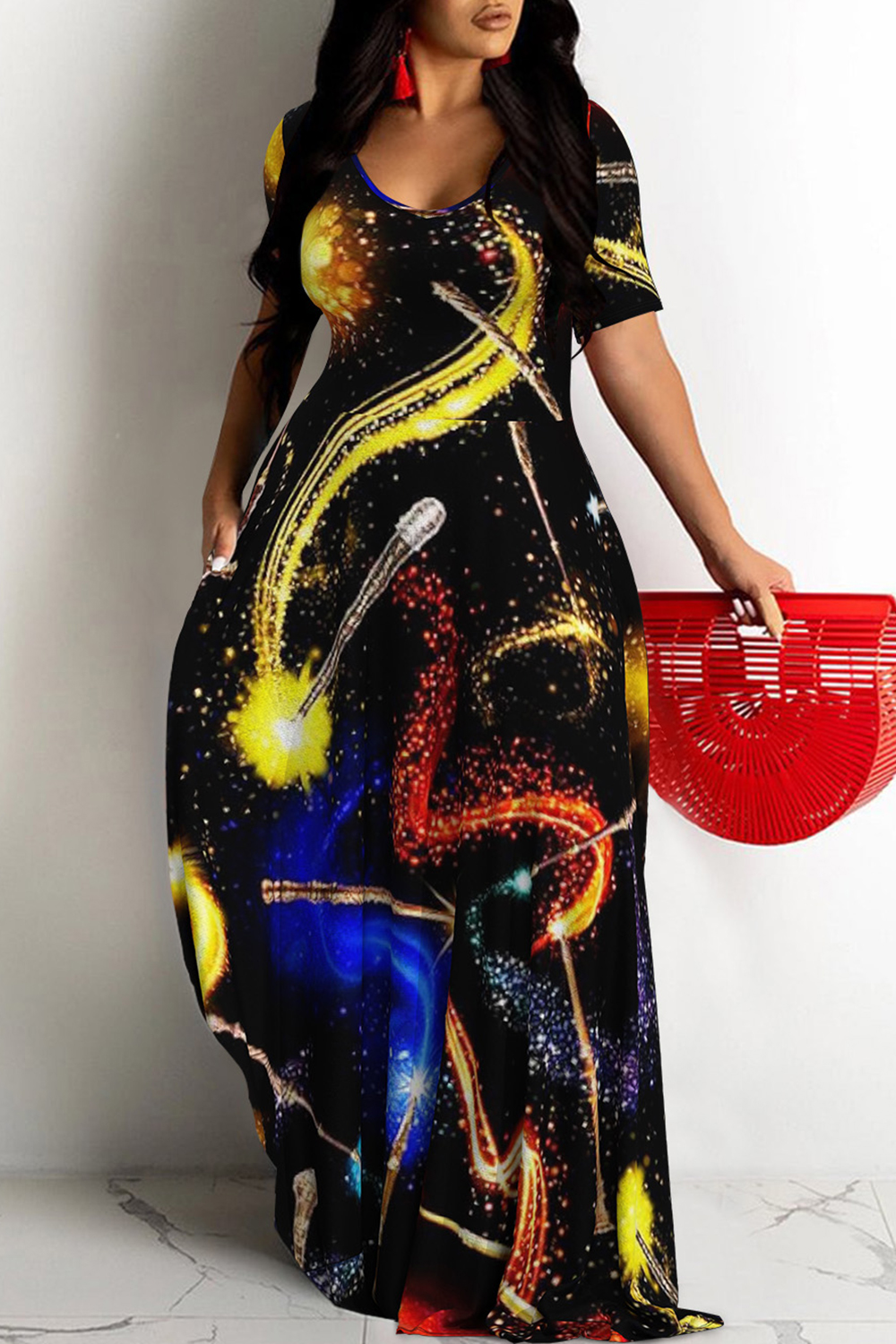 Plus Size Black Casual Gradient Sparkly Print U Neck Short Sleeve Maxi Dresses [Pre-Order]