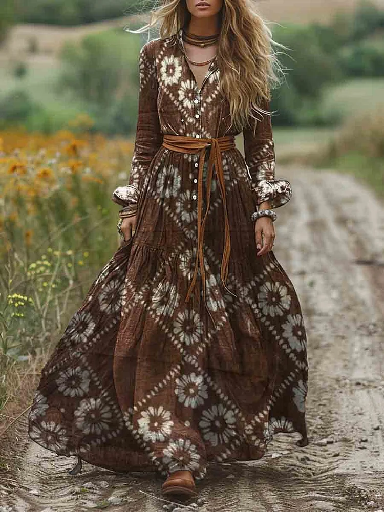 Women Shirt Collar Geometric Pattern Placement Print Pocket Long Sleeve Cotton Dress