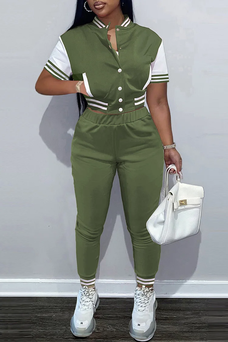 Army Green Fashion Casual Solid Patchwork Short Sleeve Two Pieces