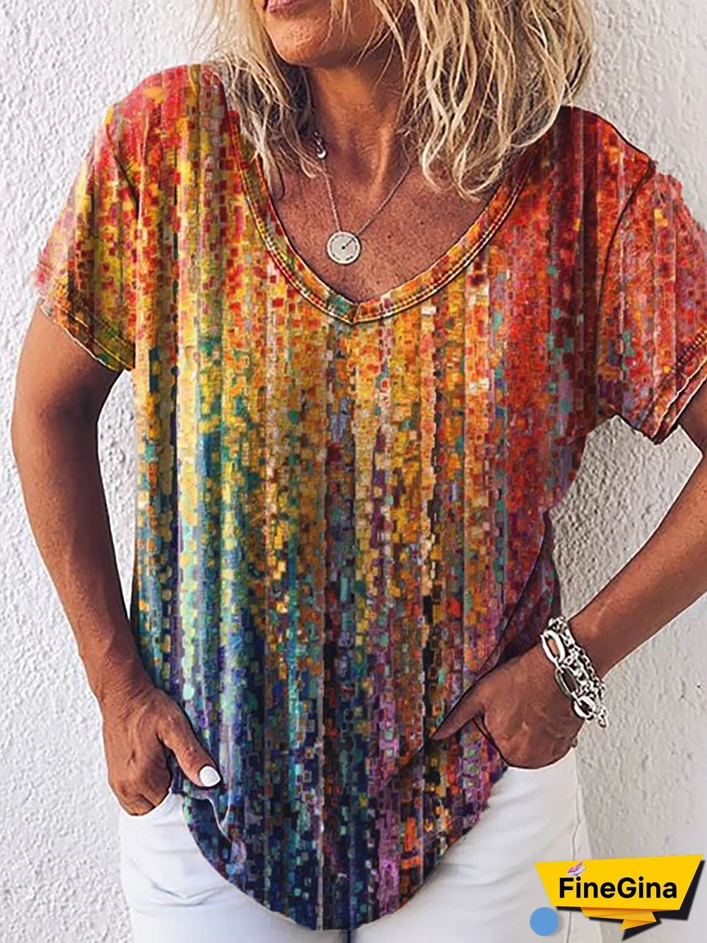 Women's Casual Shift V-Neck Short Sleeve Ombre/tie-Dye Printed T-Shirts