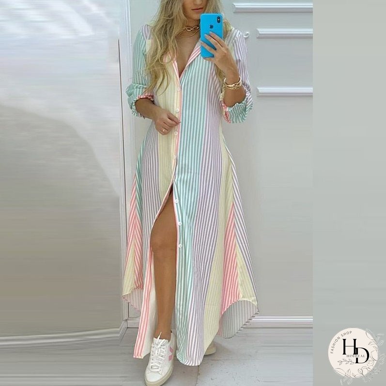 New Spring Summer Striped Split Maxi Dress Casual Turn-Down Collar Button Shirt Long Dress Women Elegant Long Sleeve Party Dress