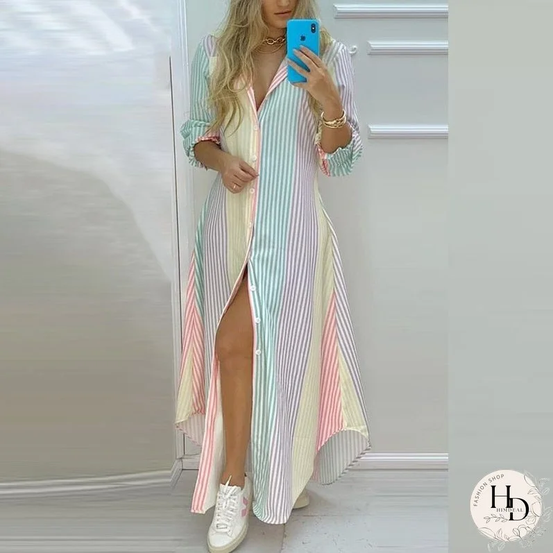 New Spring Summer Striped Split Maxi Dress Casual Turn-Down Collar Button Shirt Long Dress Women Elegant Long Sleeve Party Dress