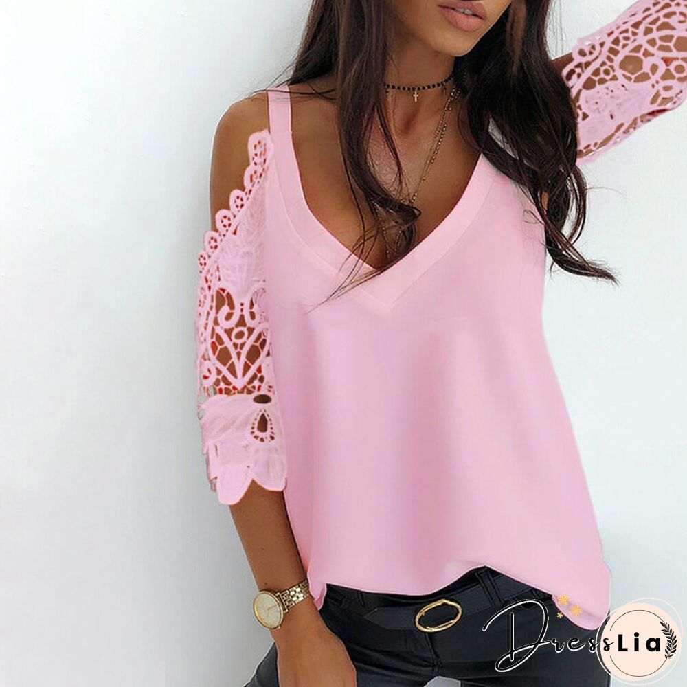 Lace Sleeve Patchwork Tops Women Summer Sexy V Neck Hollow Out Top Slim Fit Tees Black White Pink Ladies Solid Blouse D30
