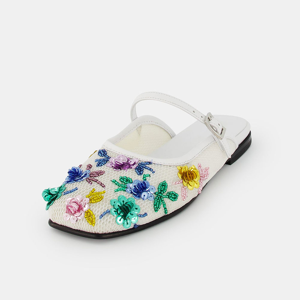 White Floral Mesh Closed Toe Beads & Sequins Embellished Flat Mules Nicepairs