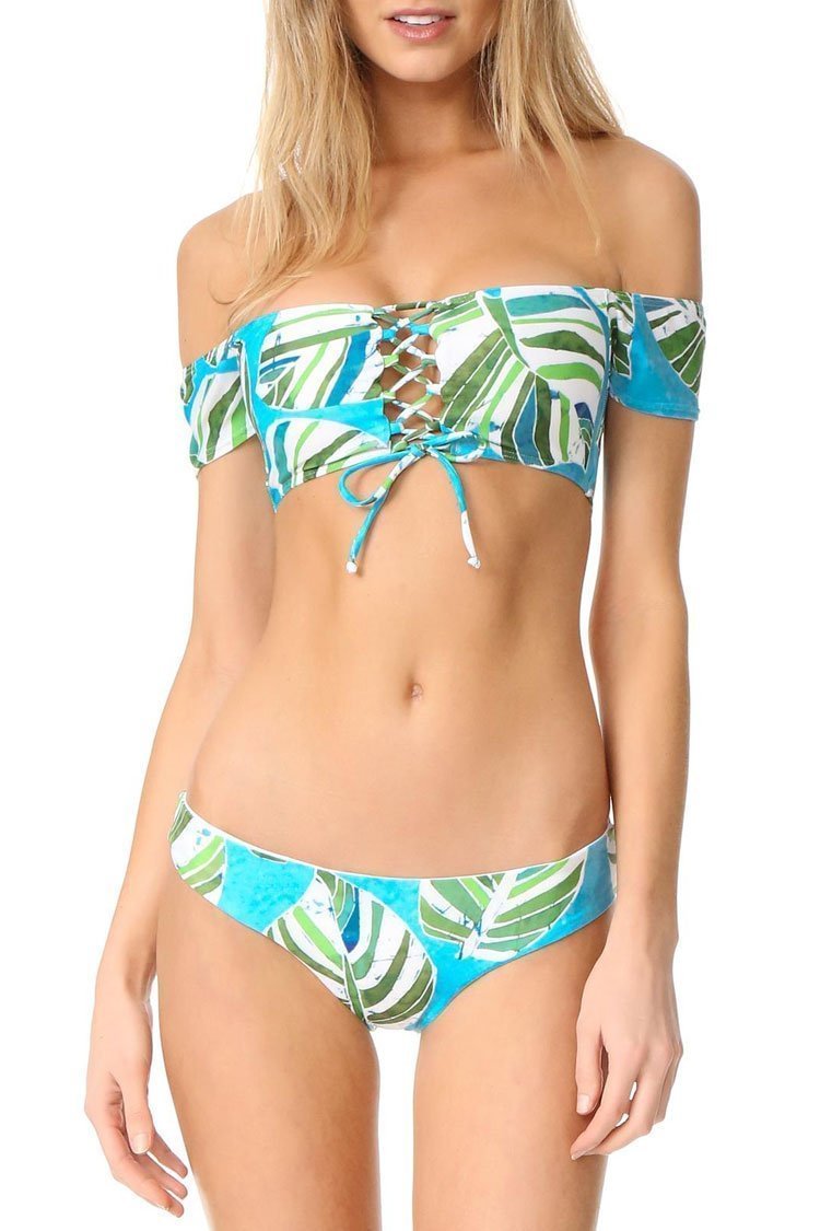 Blue Tropical Palm Leaf Lace Up Off Shoulder Bikini Swimsuit-elleschic