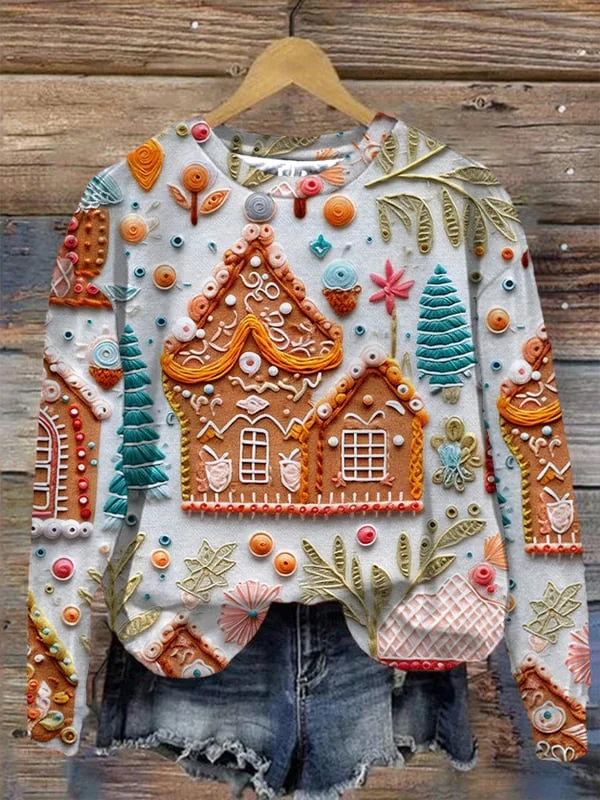 Women's Christmas Gingerbread House Print Sweatshirt
