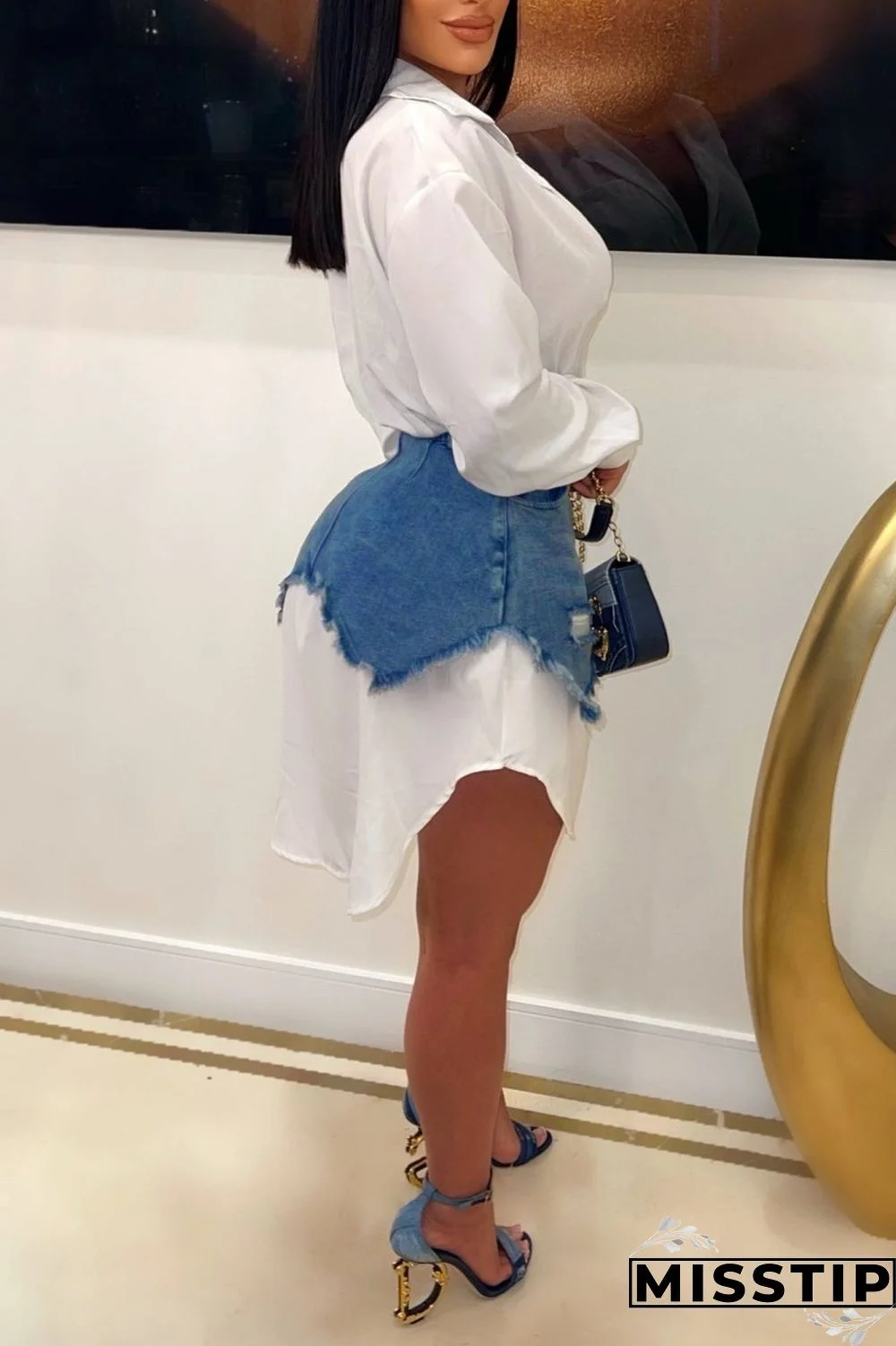 Black Casual Solid Ripped Turndown Collar Long Sleeve Two Pieces