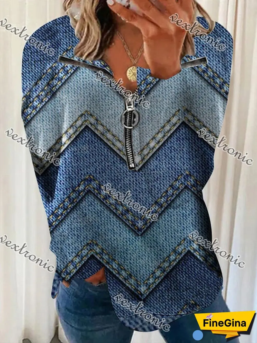 Women's V-neck Long Sleeve Blue Geometric Graphic Printed Top