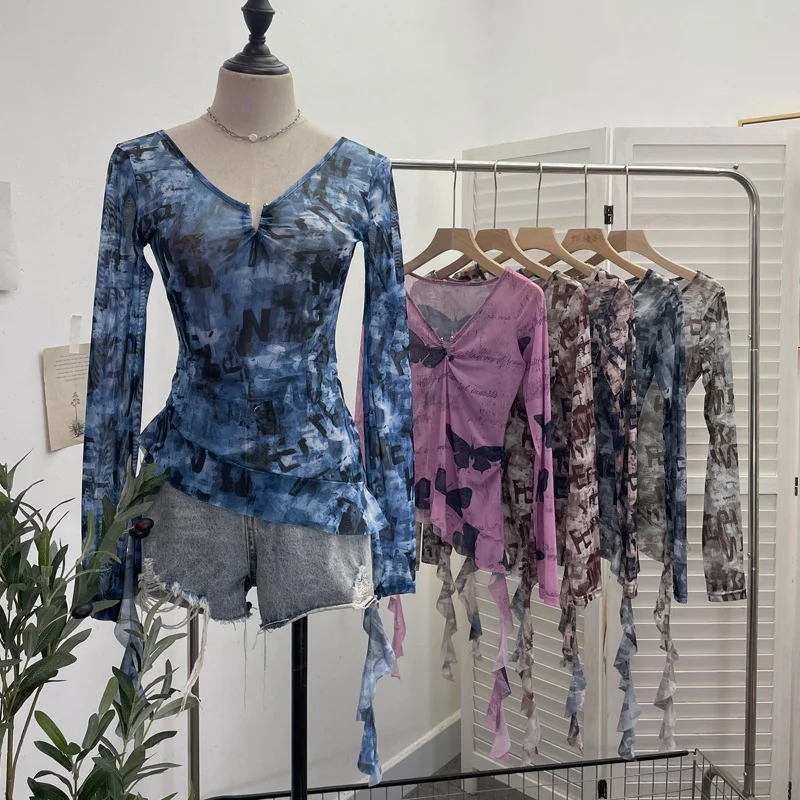 Churchf Dizziness Printing Mesh T-Shirt T-Shirt Irregular Lotus Leaf Side Ribbon Short Coat 9927