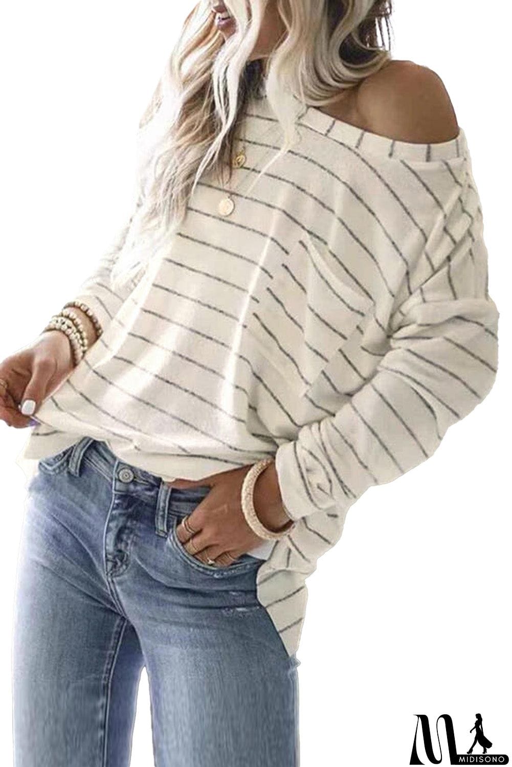 MidiSono - Striped Pocket O-Neck Long Sleeve Top