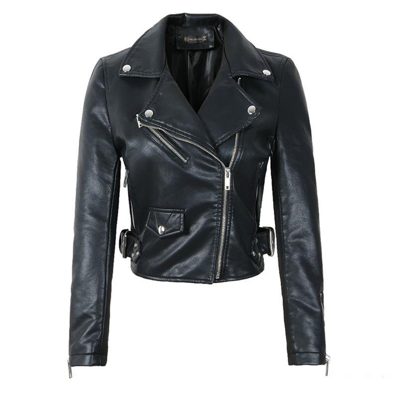 FTLZZ Women Black Faux Leather Jackets Pu Motorcycle Zipper Faux Soft Leather Rivet Zipper Red Pink Turn-down Collar Outerwear