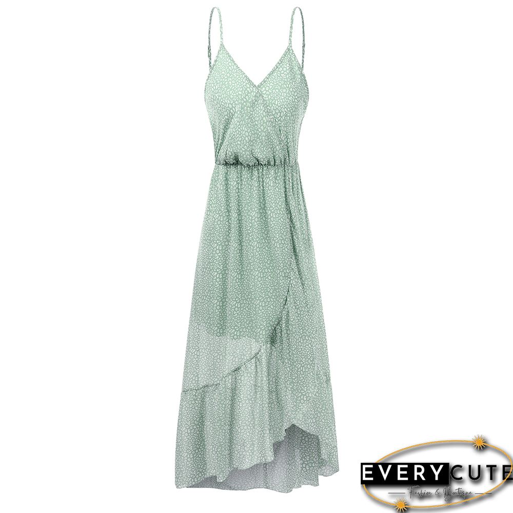 Light Green Wave Point Ruffle Detail Irregular Maxi Dress