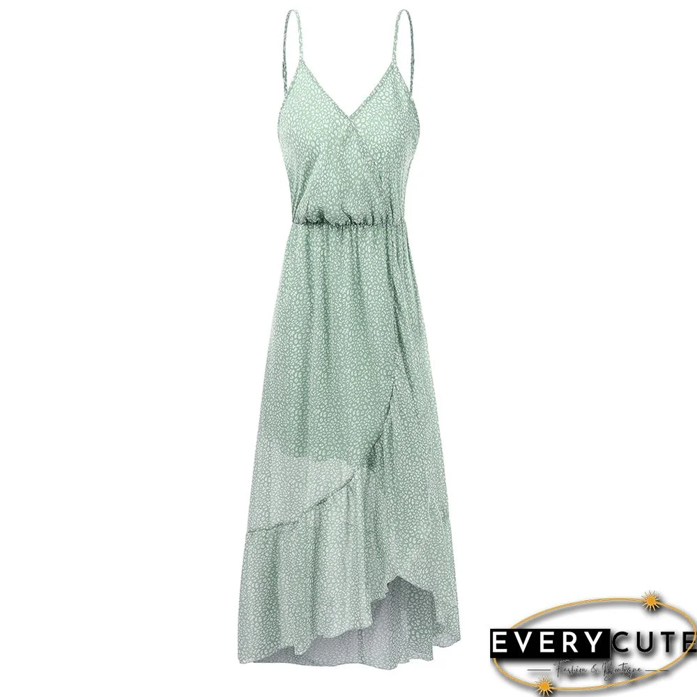 Light Green Wave Point Ruffle Detail Irregular Maxi Dress