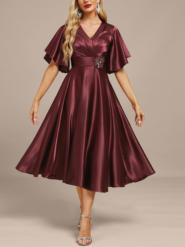 V-neck Satin Solid Color Midi Dress