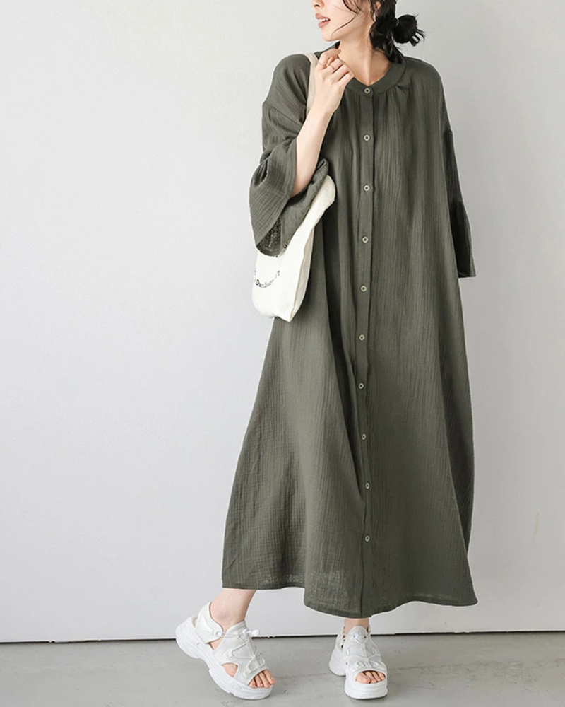 Three Quarter Sleeve Single Breasted Solid Color Loose Shirt Dress