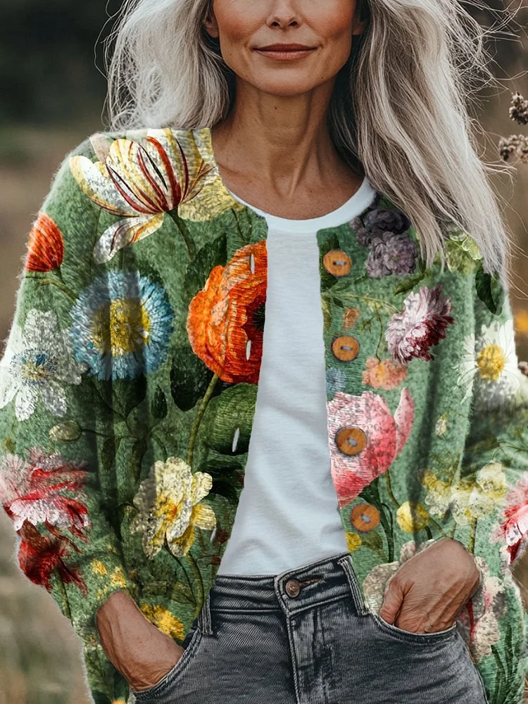 Women's Vintage Lovely Floral Art Print Buttoned Cardigan Sweater