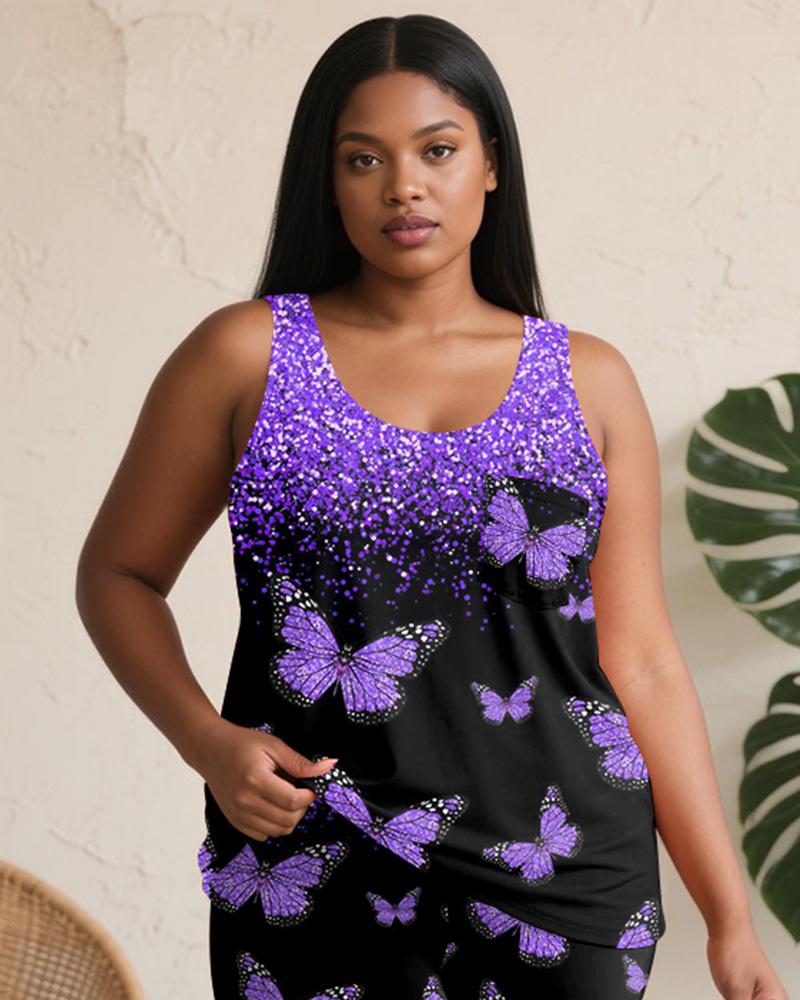 Women's Plus Size Daily Casual Purple Gradient Butterfly Print Pocket Vest Shorts Suit