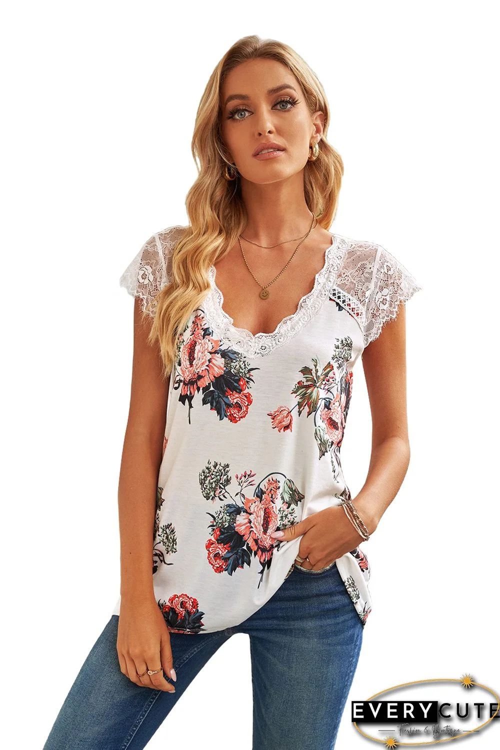 White Eyelash V Neck Floral Tank
