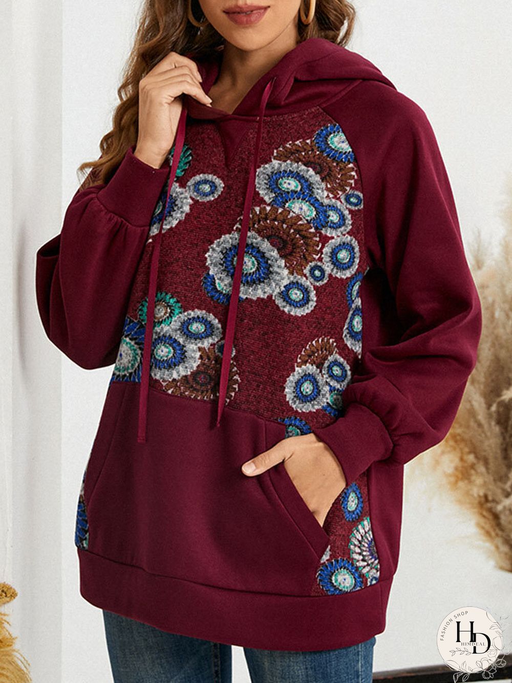 Flower Stitch Pocket Drawstring Long Sleeve Pullover Hoodie