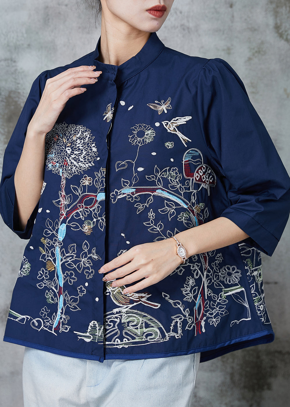 VCSHOES Navy Embroidered Cotton Shirt Tops Bracelet Sleeve