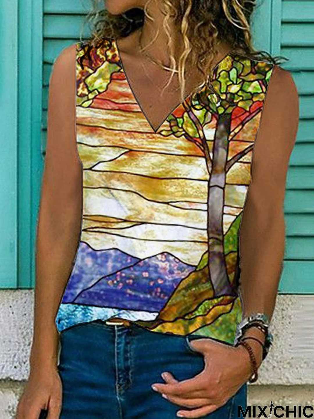 Leaves Sleeveless  Printed Cotton-blend  V neck  Vintage  Summer  Yellow Top