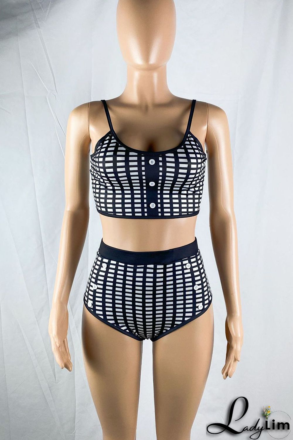 Blue Sexy Print Split Joint Buttons Spaghetti Strap Sleeveless Two Pieces