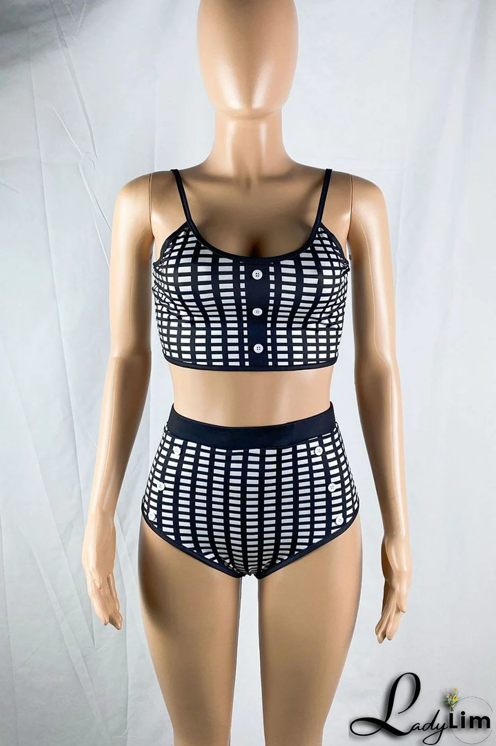 Blue Sexy Print Split Joint Buttons Spaghetti Strap Sleeveless Two Pieces