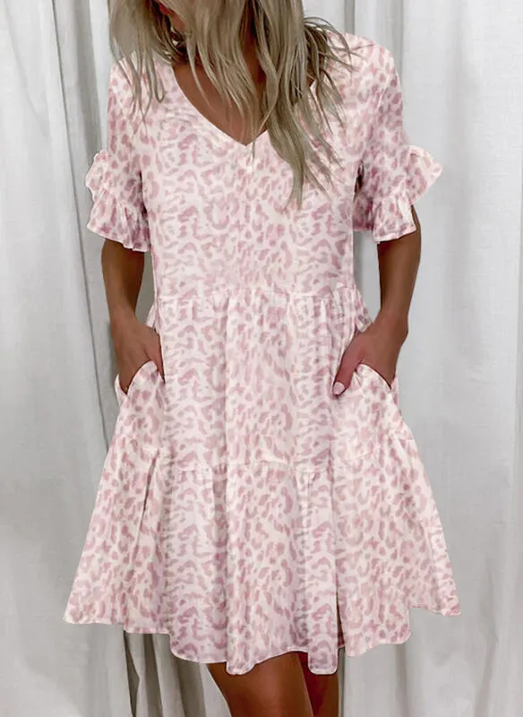 Brownm Regular Sleeve Fashion Short Printed Ruffle Pocket Dress