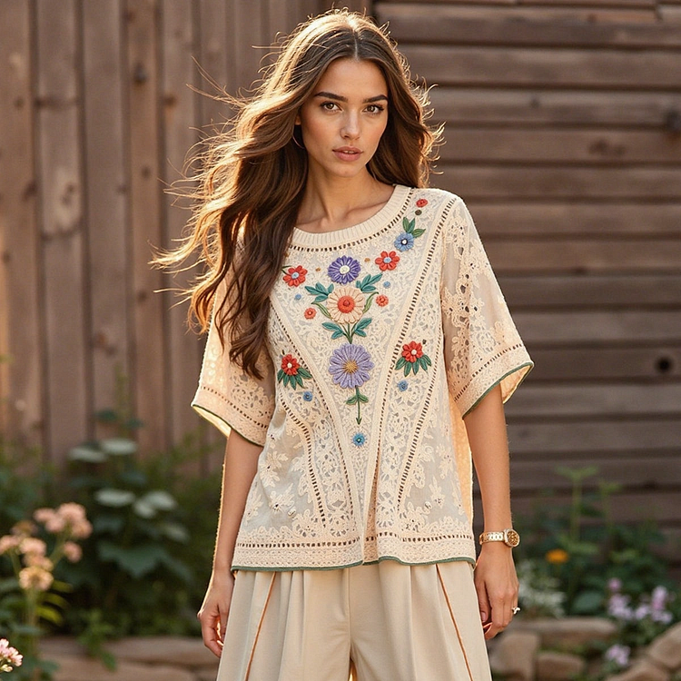 Utbros Women's Bohemian Floral Art Linen Short Sleeve T-shirt