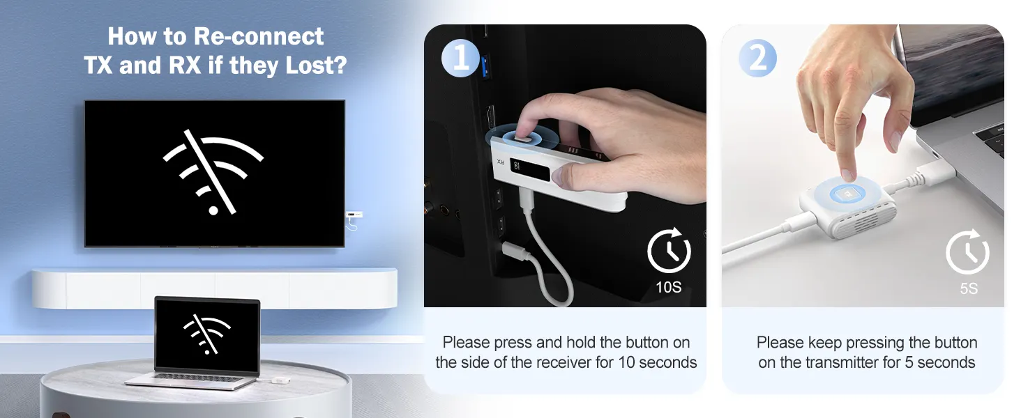 Three-panel instructional image for reconnecting wireless devices. Shows disconnected icon, pressing button on device, and plugging in cable.