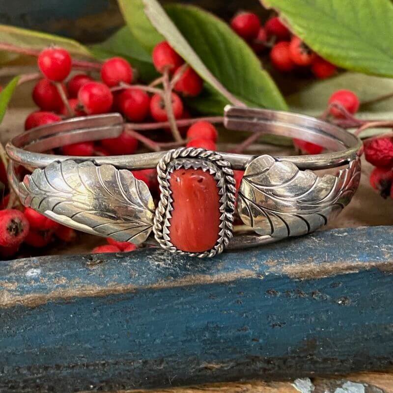 Vintage Native American Sterling Silver Bracelet with Red Branch C.oral