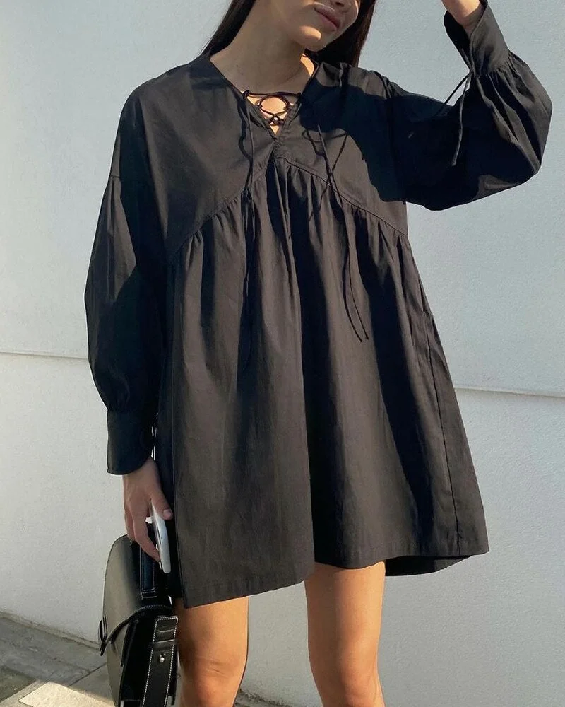 WOTWOY V-neck Long-sleeve Lace-up Loose Dress Women Summer Casual Folds A-line Dresses Female French Holiday Vestido 2022 New