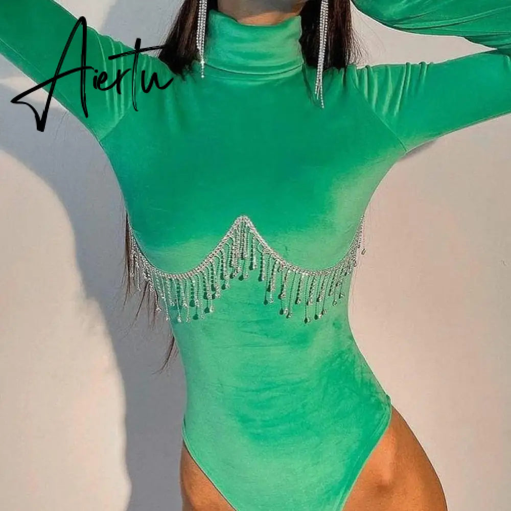 Puloru Women Velvet Turtleneck Bodysuit Fall Winter Sexy Tassel Chain Long Sleeve Bodycon Leotard Tops Fashion Office Base Tops Aiertu