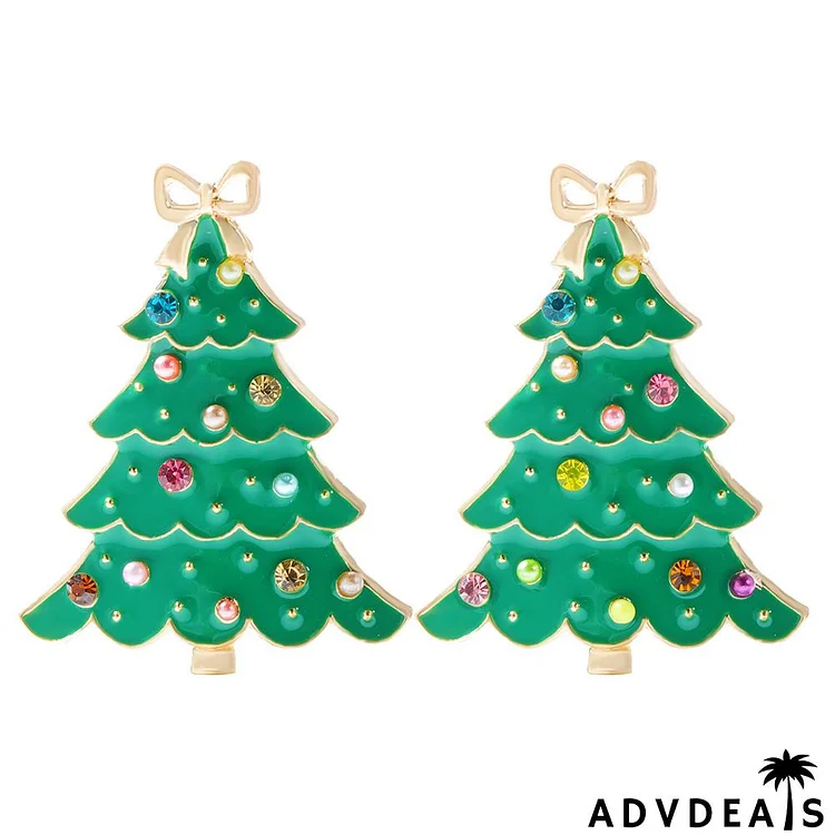 Women Fashion Cartoon Santa Christmas Tree Rhinestone Alloy Earrings